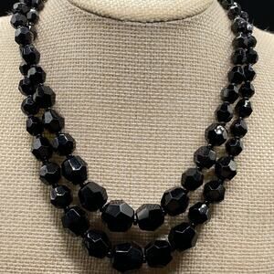 Germany Jet Black Glass 2 Strand Necklace Gradated 14-16” Vintage Jewelry